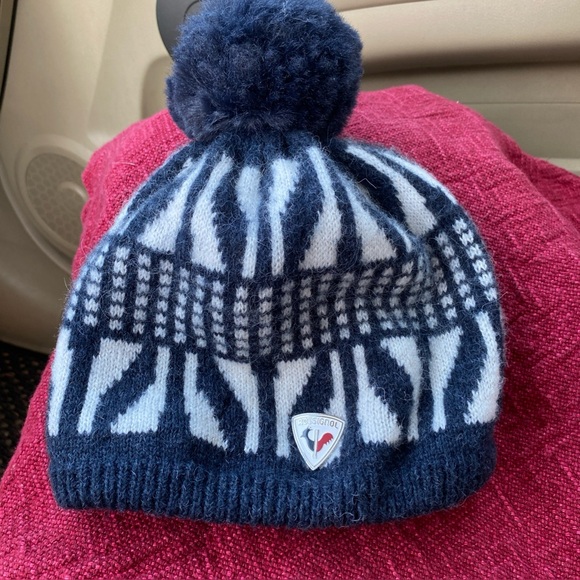ROSSIGNOL Women’s Alpaca/Wool “PomPom Beanie” Size O/S Navy/White Flecks EUC - Picture 1 of 9